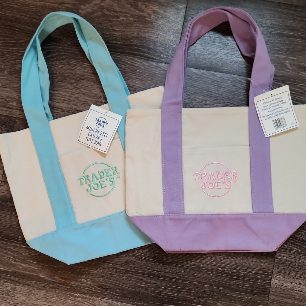 Trader Joe's Mini Canvas Tote Bag Set - Pastel Blue And Purple